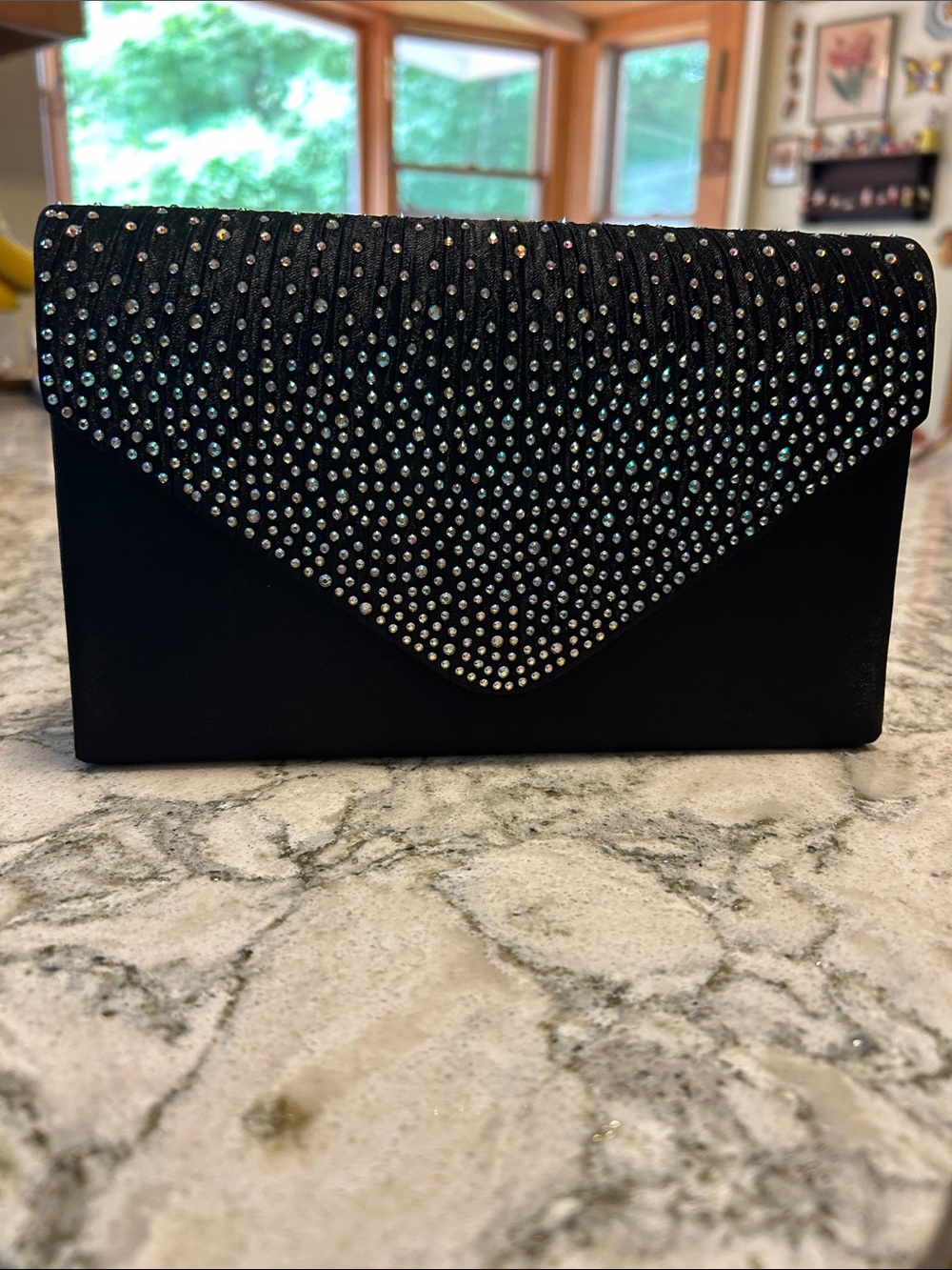 Black Iridescent Crystal-Embellished Evening Clutch